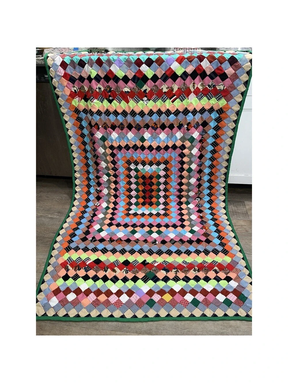 Vtg Around The World Postage Stamp Quilt 60’s 70’s Poly Fabric MCM 46” X 75”